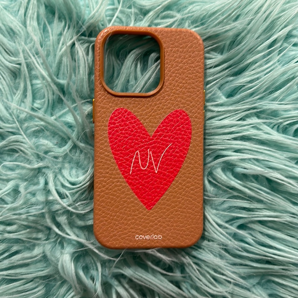 Coverlab iPhone 14 case with NV initials tan pebbles leather